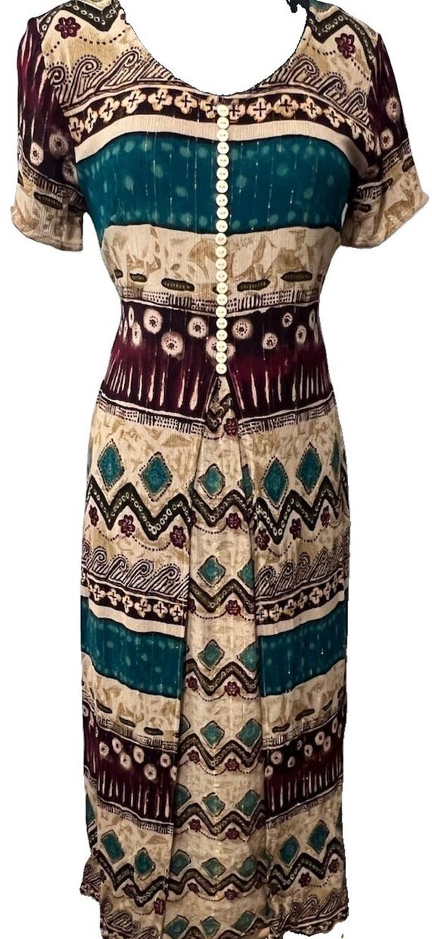 Bila Womens Artsy Boho Metallic Tribal Rayon Tie Back Button Maxi Dress Size S
